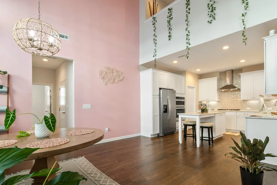Dark wood flooring connecting pink-walled living and kitchen areas